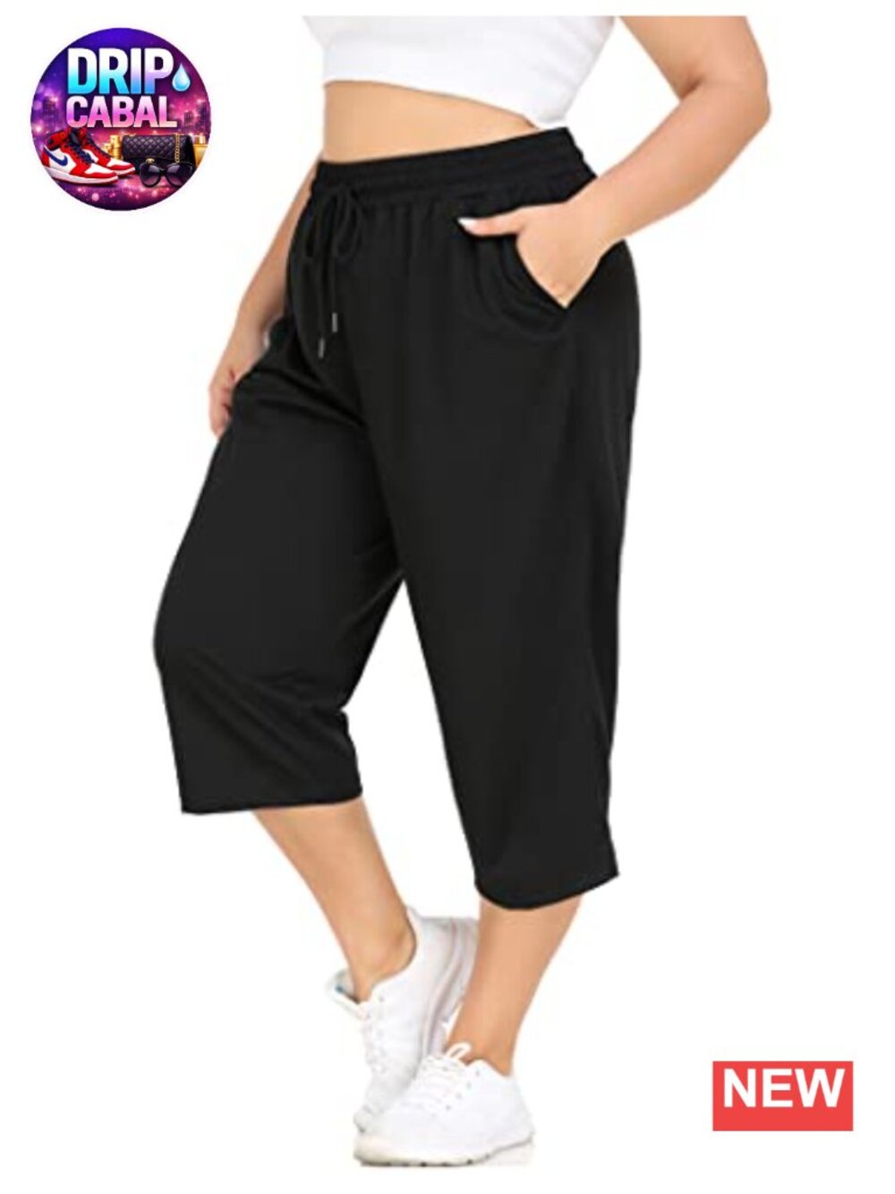 Plus Size Capri Yoga Pants with Pockets, Loose Fit Womens Active Sweatpants